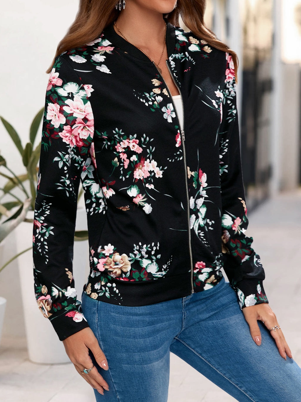 Floral Printed Zip Up Jacket