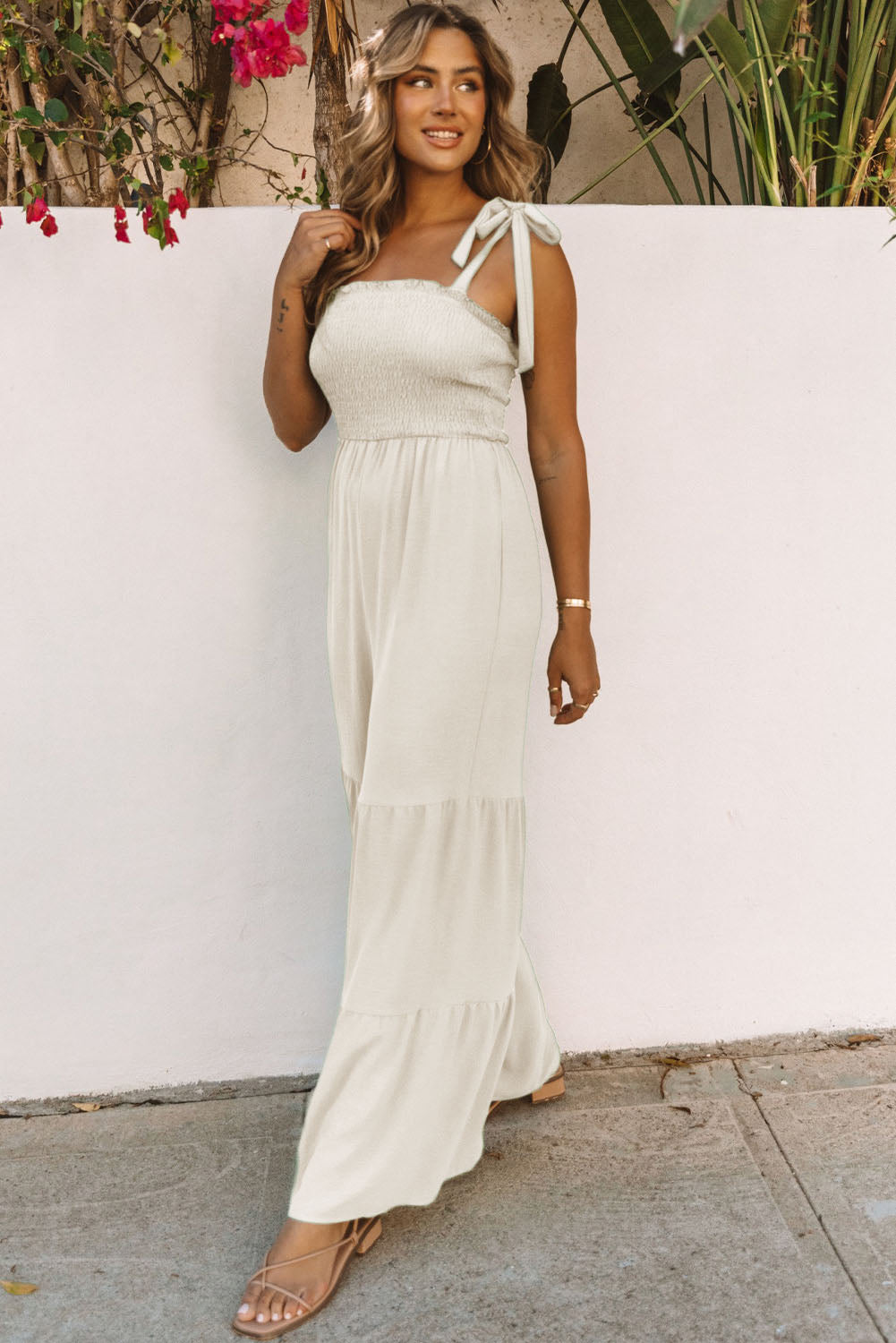 Dark Blue Tie Straps Shirred Casual Tiered Wide Leg Jumpsuit