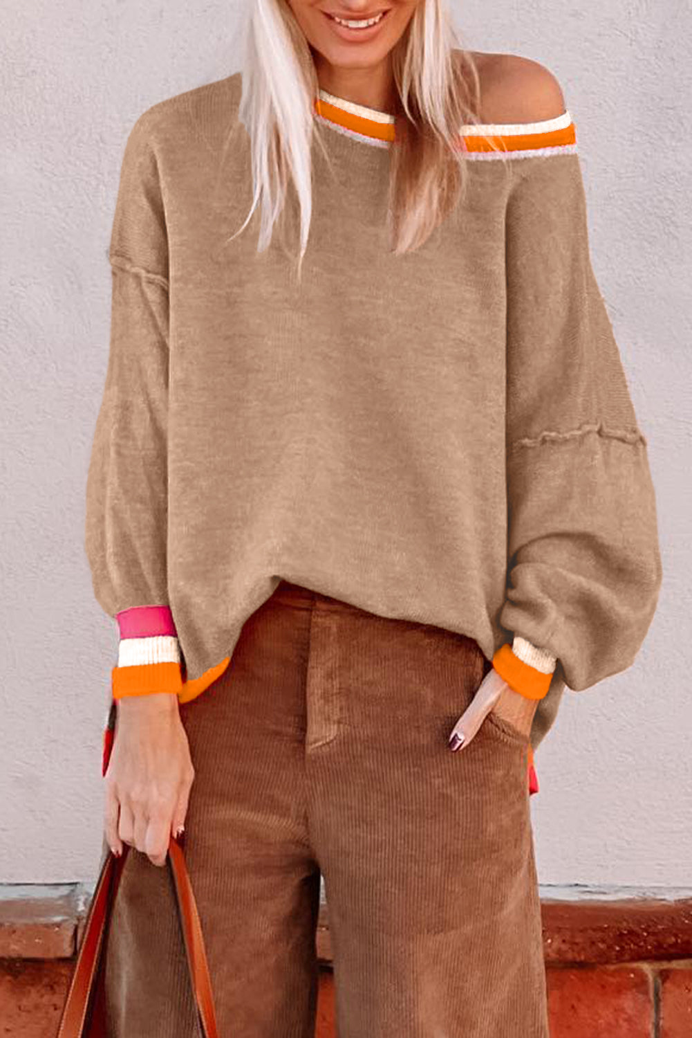 Parchment Striped Trim Drop Shoulder Sweater