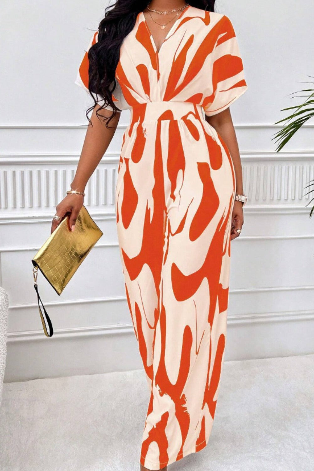 Printed V-Neck Short Sleeve Wide Leg Jumpsuit | S - 2XL | 4 COLORS