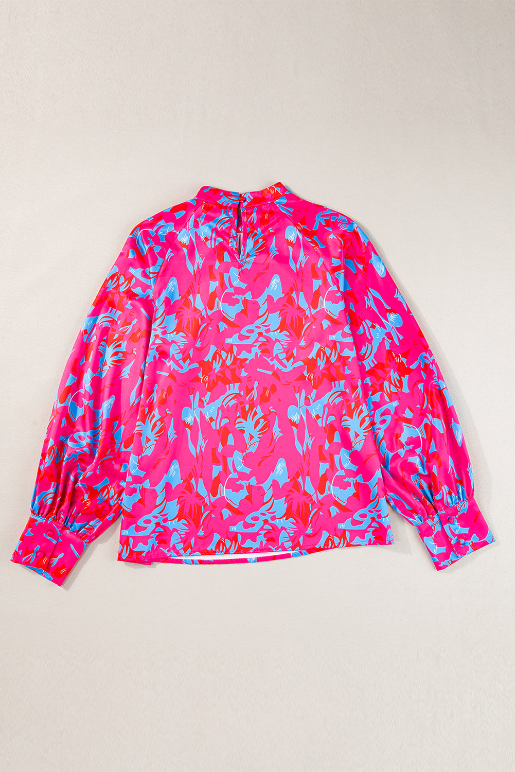 Purple Abstract Stand Neck Puff Sleeve Blouse