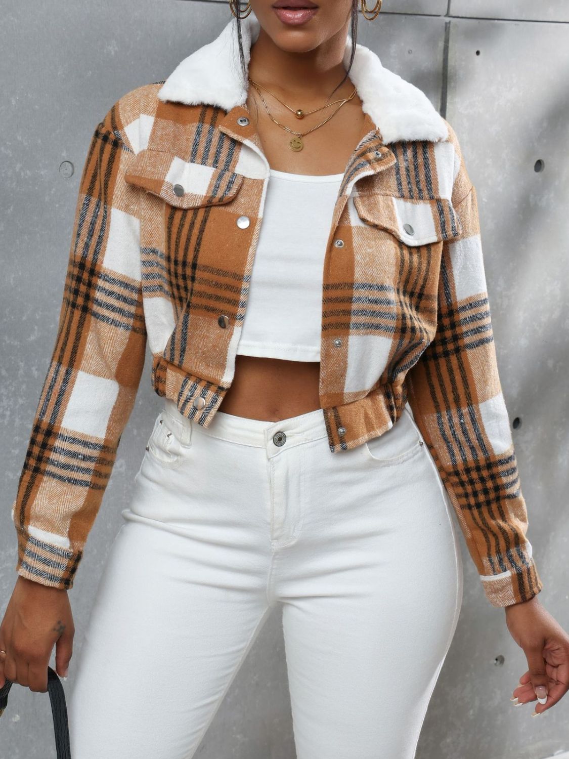 Plaid Snap Down Collared Neck Cropped Jacket