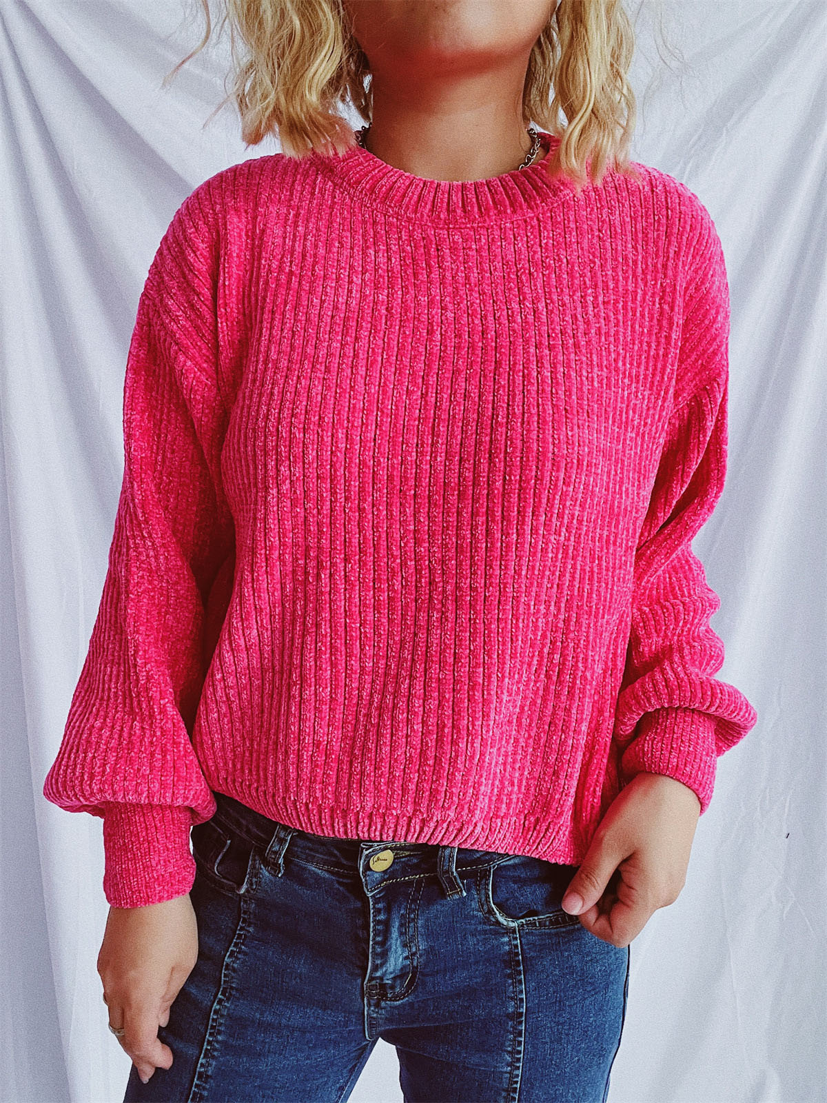 Round Neck Dropped Shoulder Chenille Long Sleeve Sweater