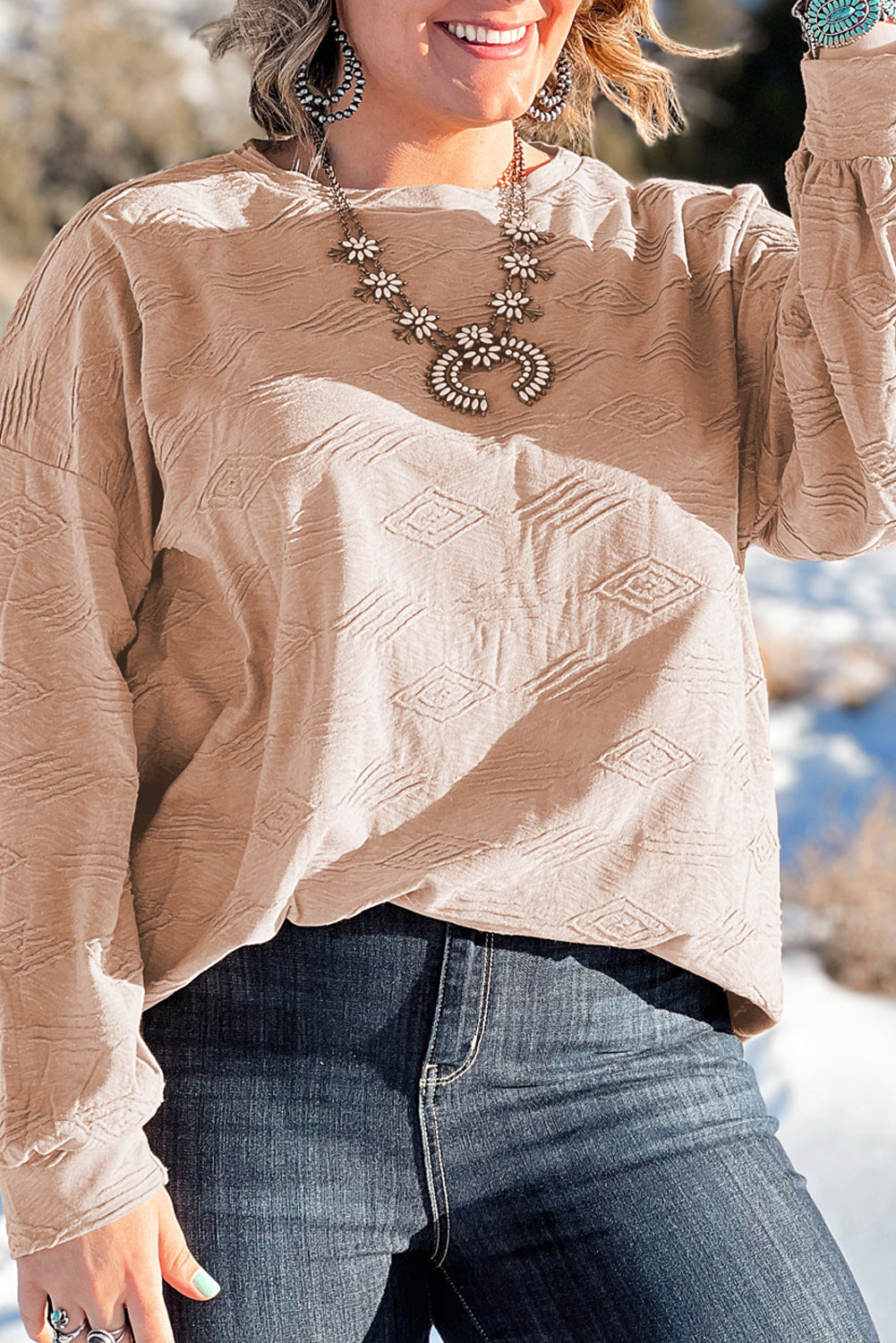 Parchment Plus Size Textured Drop Shoulder Crew Neck Sweatshirt