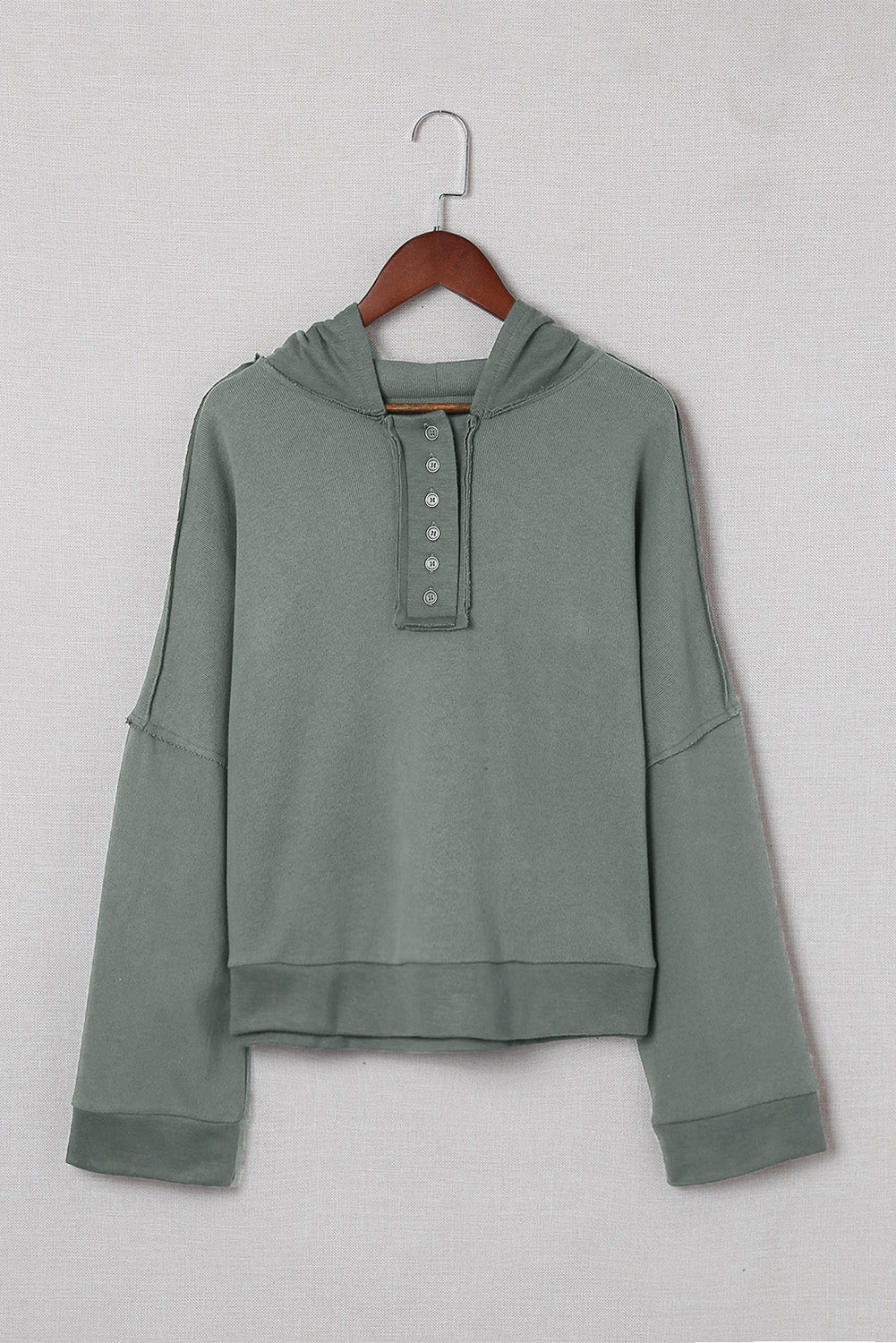 Black Solid Color Button Front Basic Pullover Hoodie