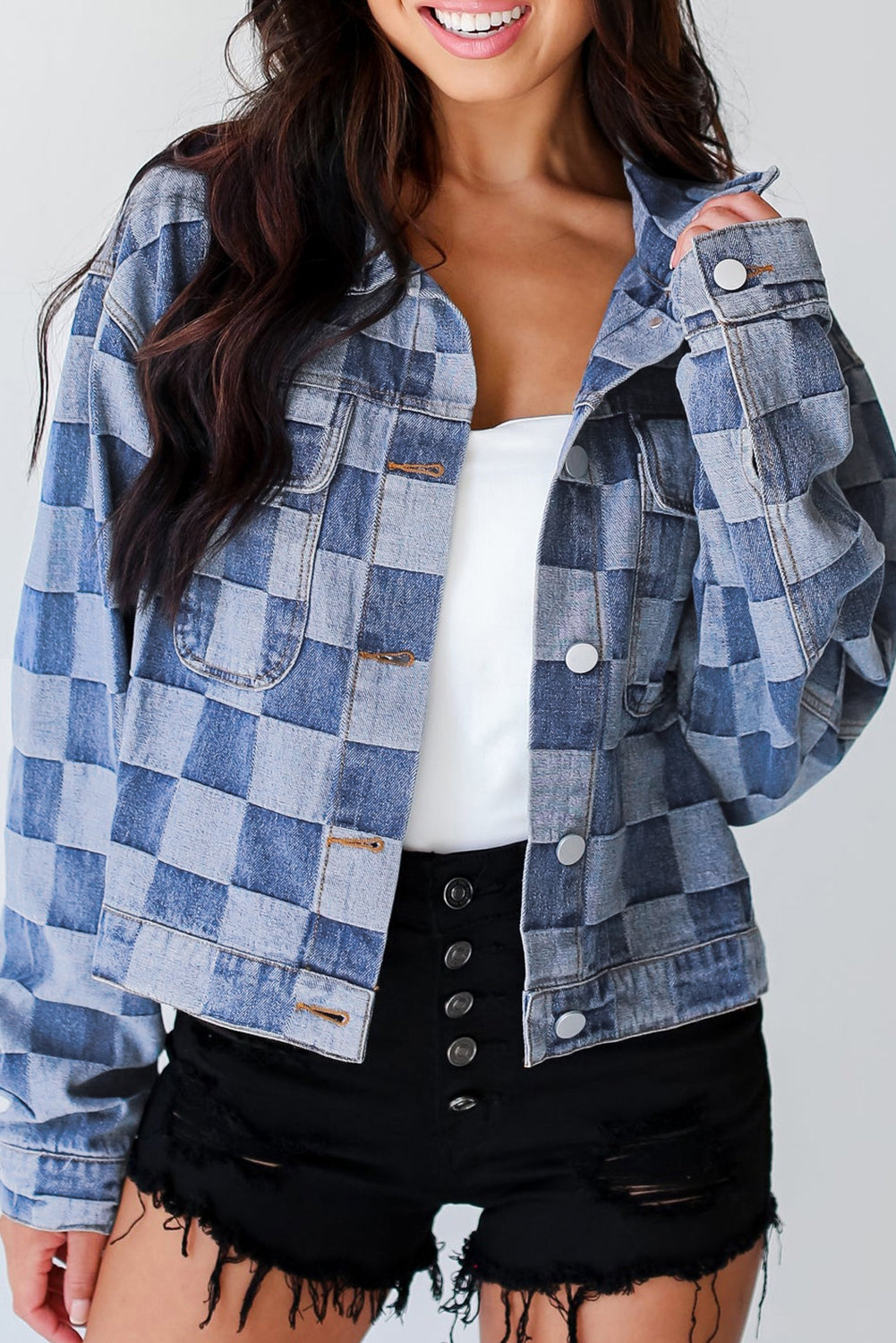 Black Checkered Patchwork Button up Denim Jacket