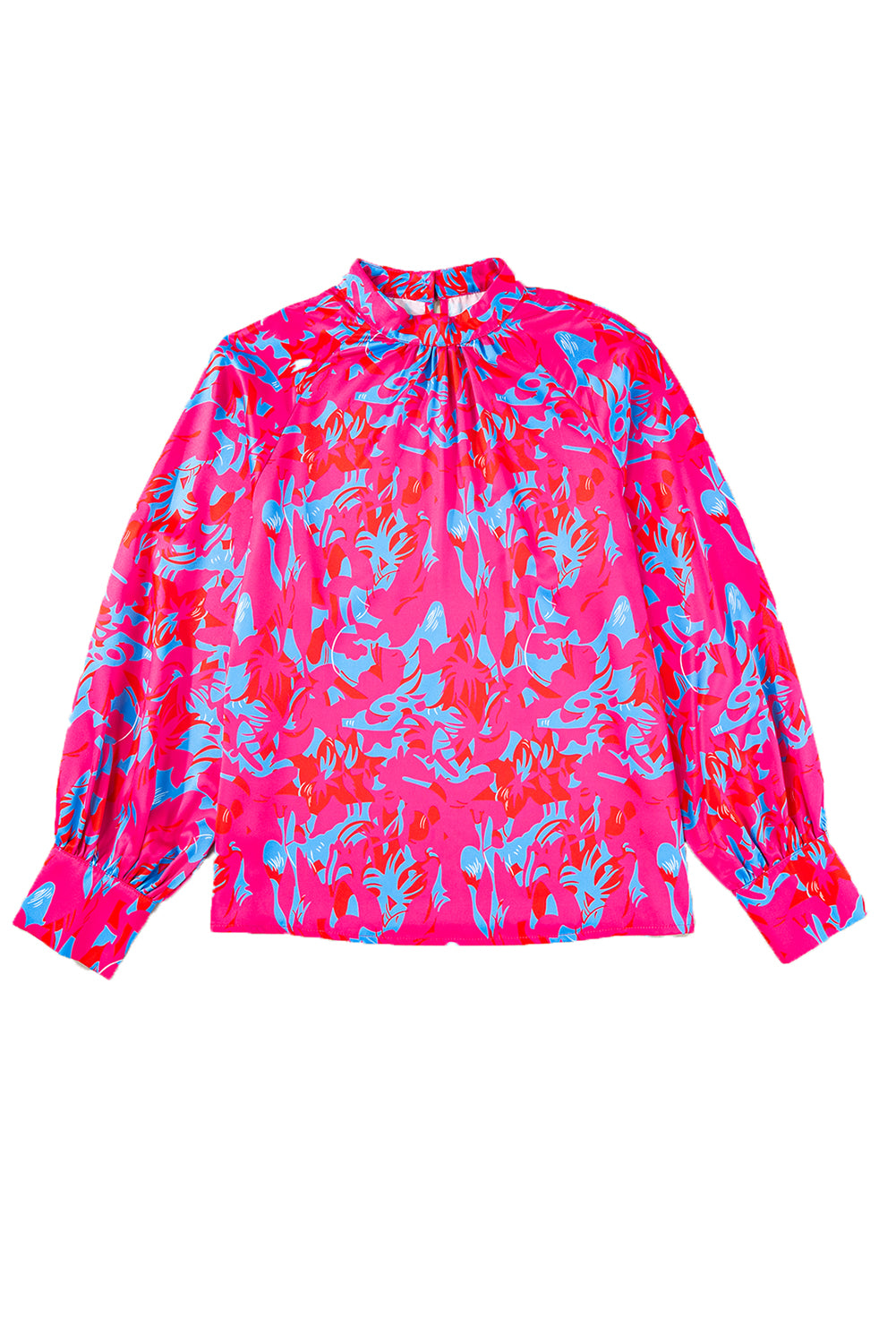 Purple Abstract Stand Neck Puff Sleeve Blouse