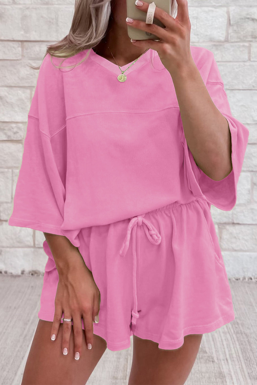 Sea Green Loose V Neck Tee and Drawstring Shorts Set