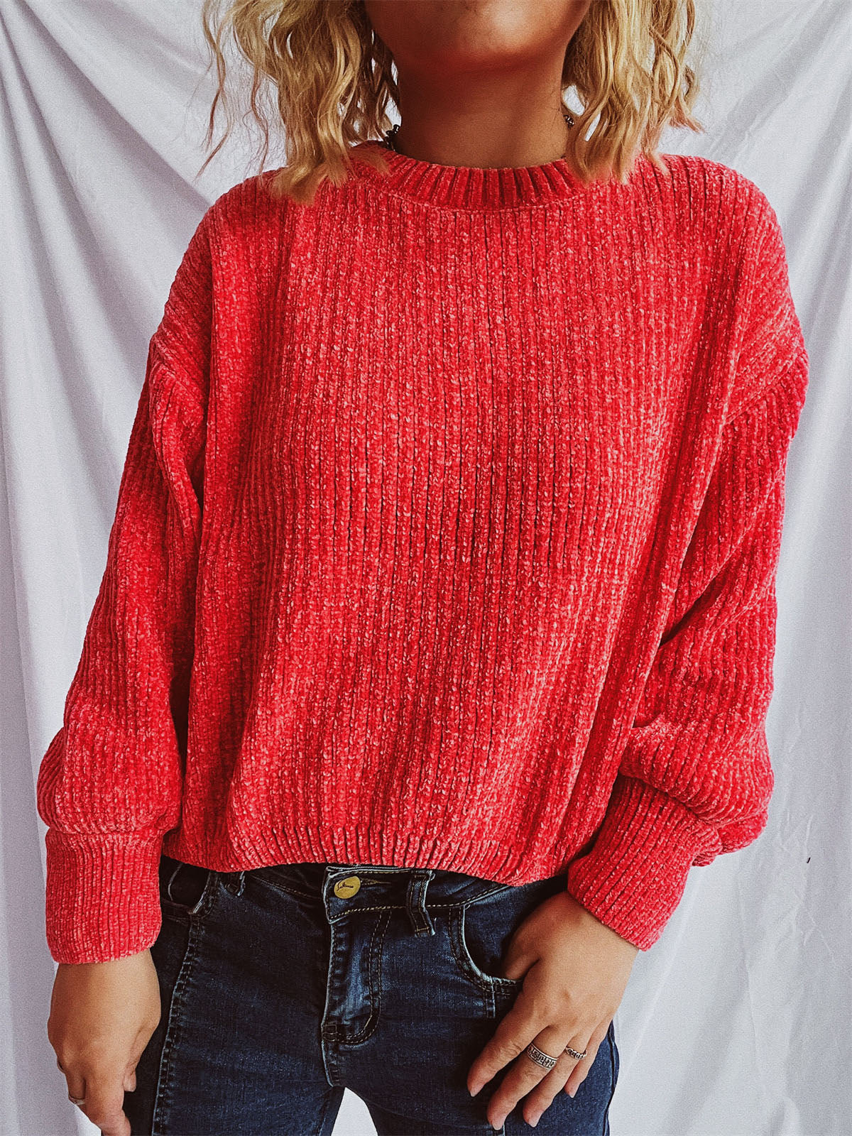 Round Neck Dropped Shoulder Chenille Long Sleeve Sweater