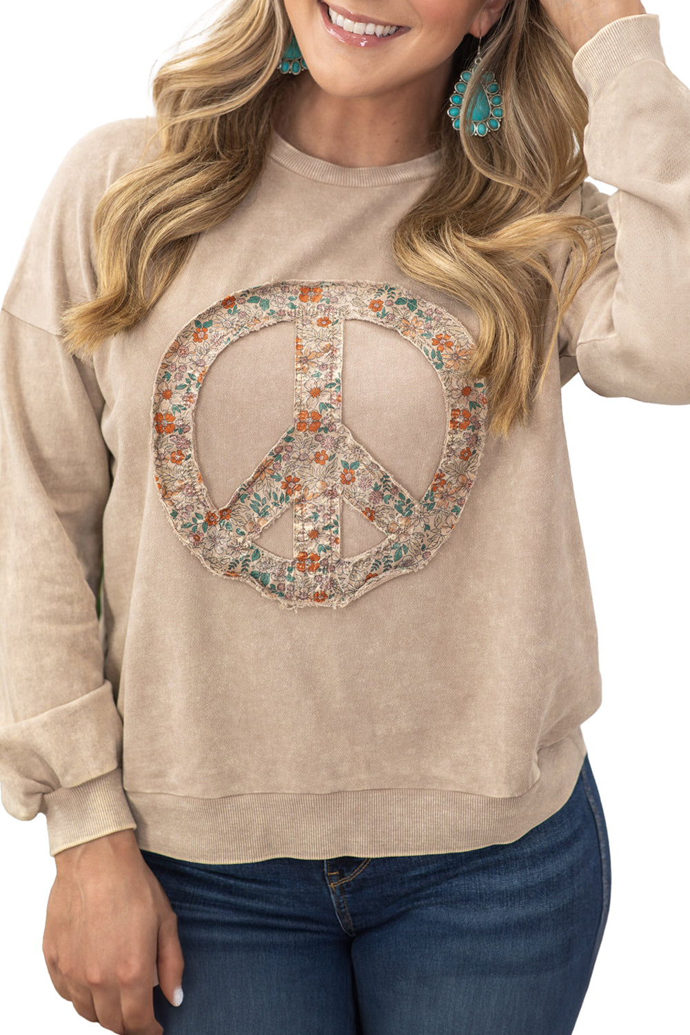 Pale Khaki Floral Peace Patchwork Washed Plus Size Sweatshirt