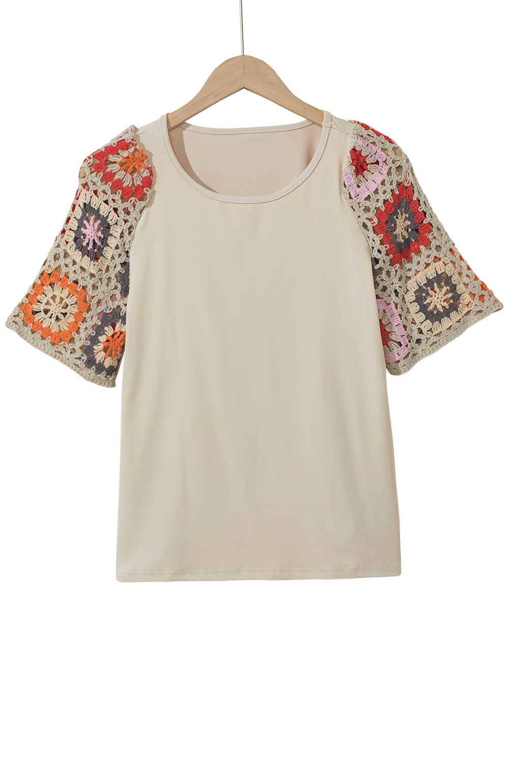Camiseta con mangas de crochet y estampado floral ahuecado estilo boho turquesa