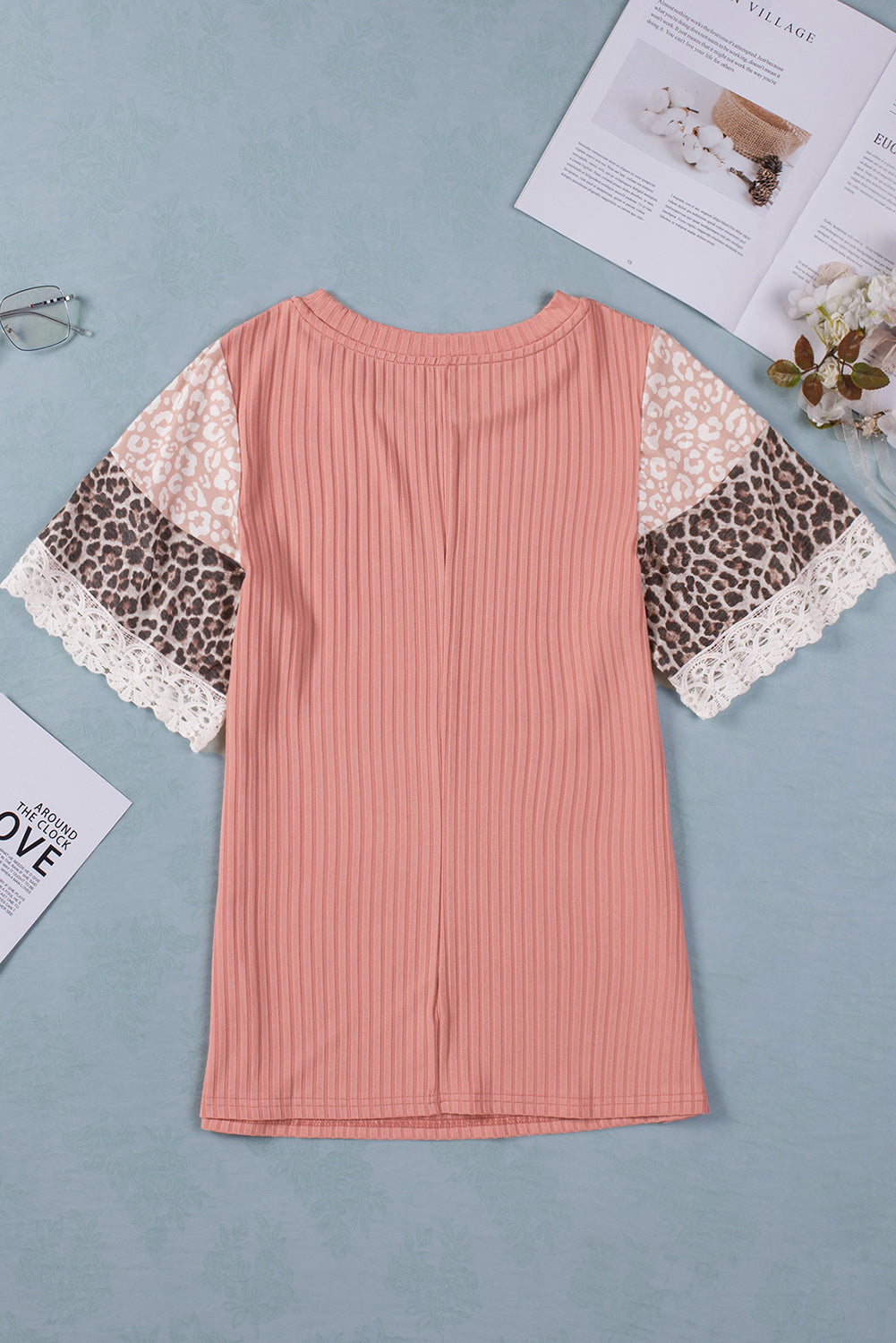 Black Casual Leopard Lace Splicing Sleeve Patchwork Rib-Knit Top