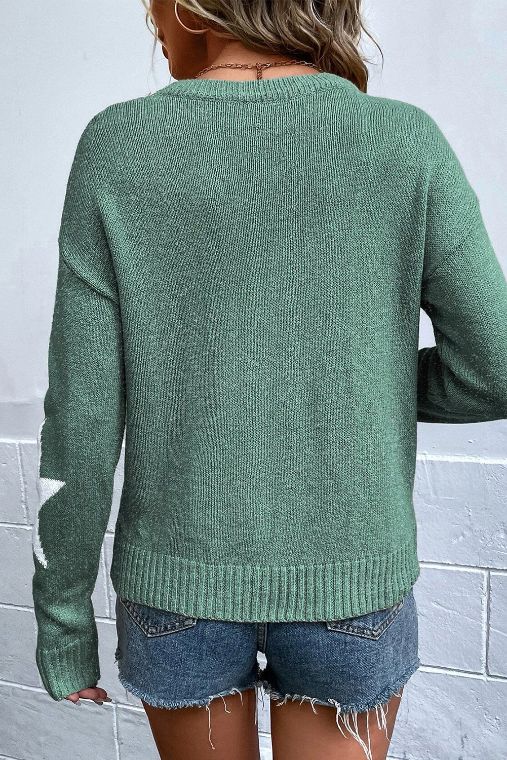 Green Star Pattern Drop Shoulder Knit Sweater