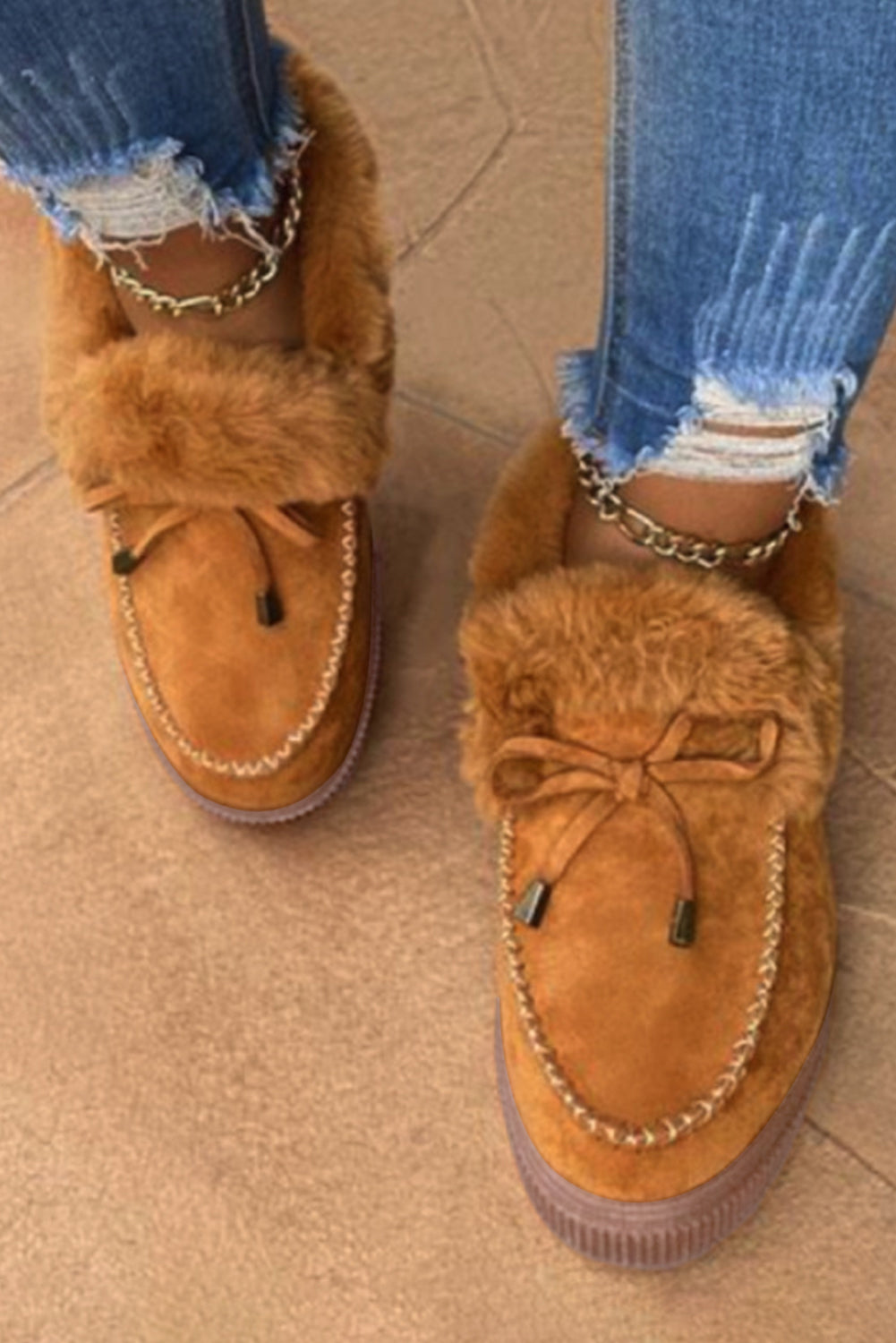 Brown Bow Decor Faux Suede Fur Lined Winter Booties