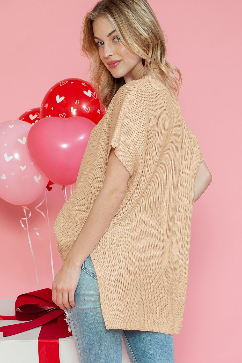 Top de punto de gran tamaño con mangas cortas estilo dolman y abertura lateral en color gris | S - XL | 3 COLORES
