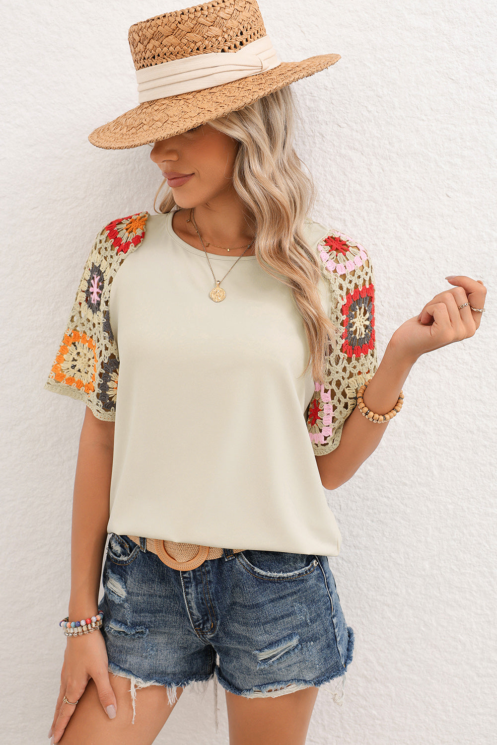 Camiseta con mangas de crochet y estampado floral ahuecado estilo boho turquesa
