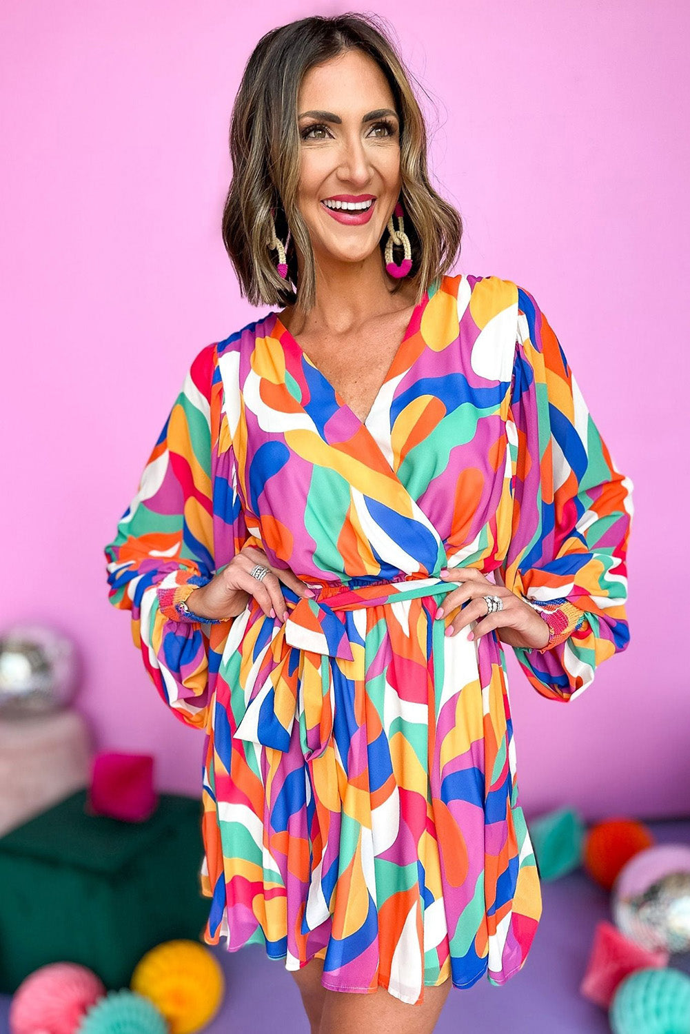 Red Abstract Printed Belted Puff Sleeve Short Dress