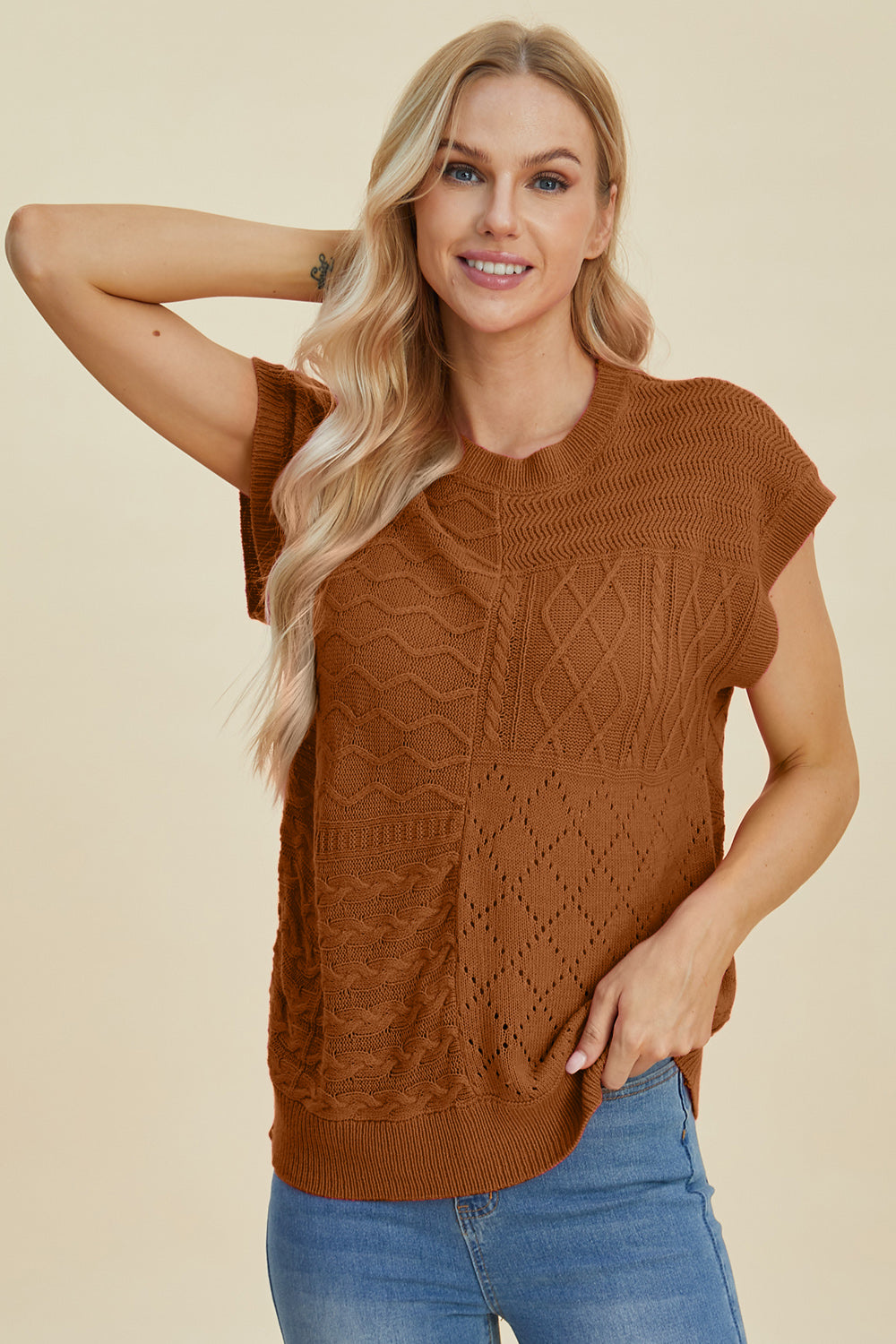 Double Take Full Size Cable-Knit Round Neck Cap Sleeve Sweater | S - XL | 2XL - 3XL | 5 COLORS