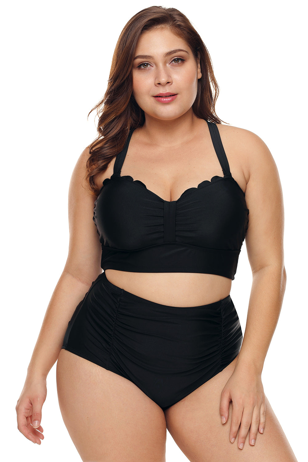 Traje de baño bikini de talle alto con detalle festoneado en negro de talla grande