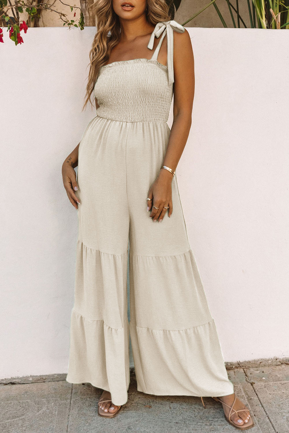 Dark Blue Tie Straps Shirred Casual Tiered Wide Leg Jumpsuit