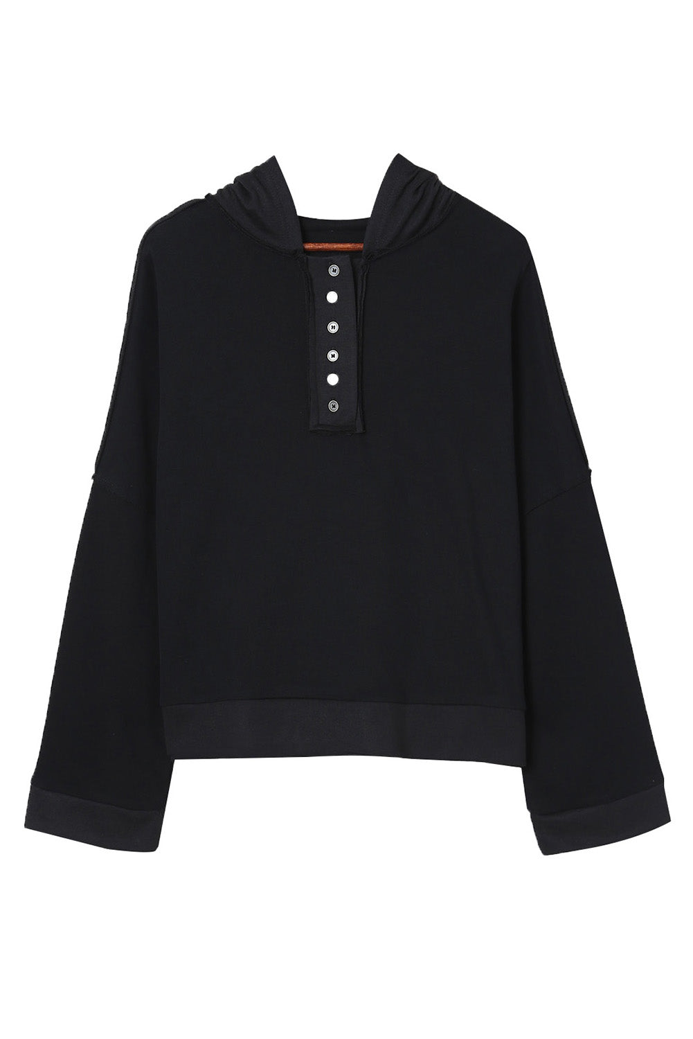 Black Solid Color Button Front Basic Pullover Hoodie