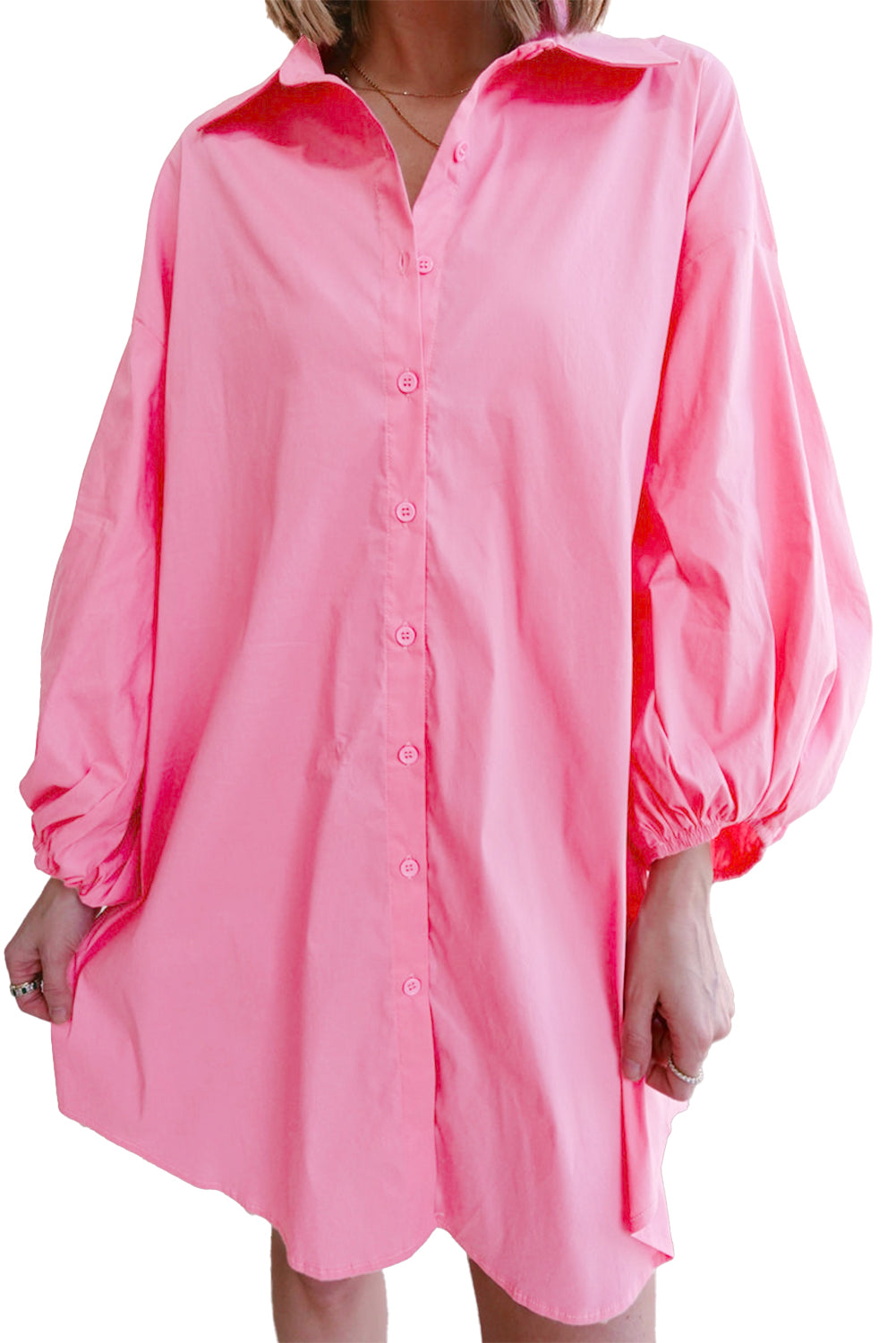 Bright Pink Plain Bishop Sleeve Button Up Shirt Dress