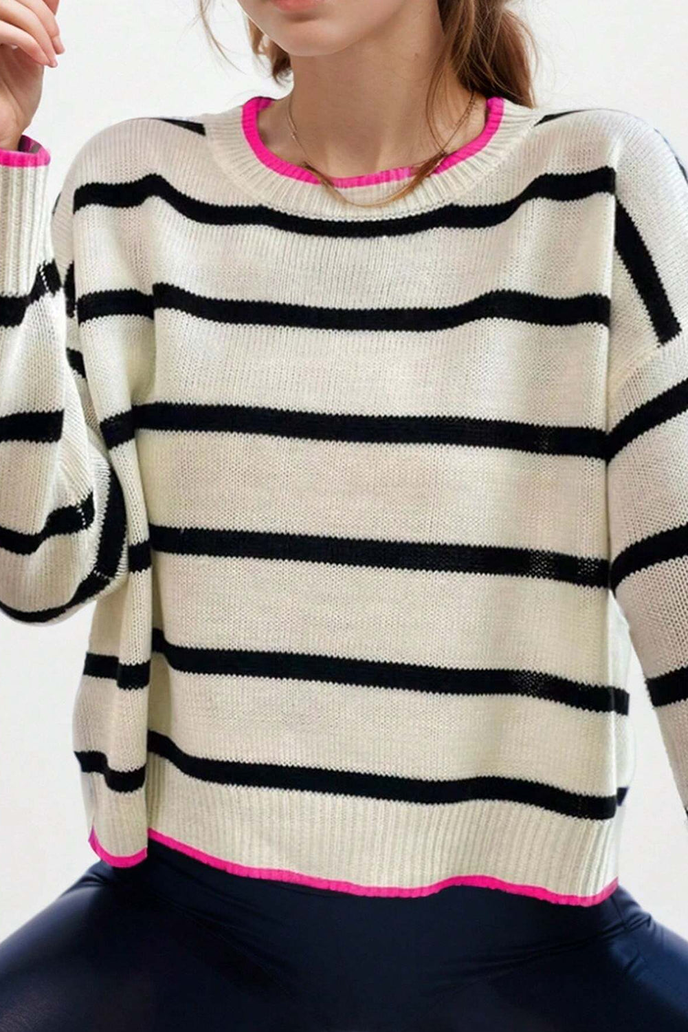 White Stripe Color Contrast Drop Shoulder Crew Neck Sweater