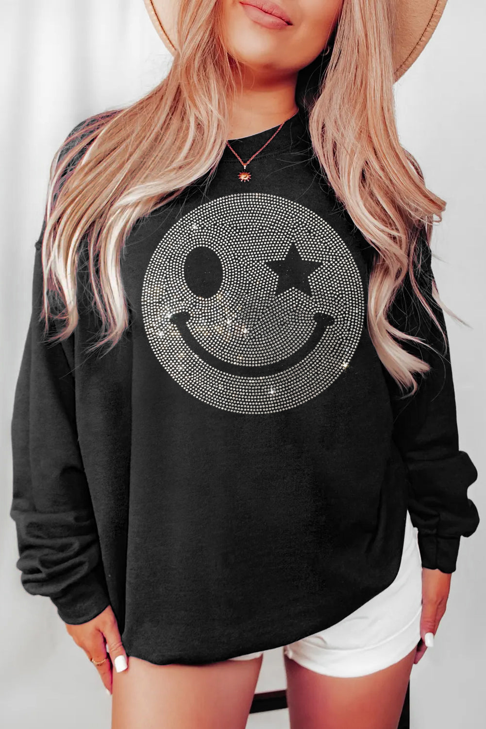 Valerian Rhinestoned Smile Graphic Crew Neck Sweatshirt