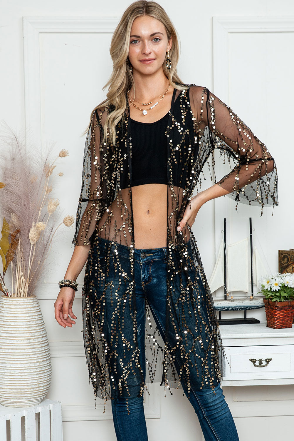 Black Sequin Sheer Casual Open Front Kimono