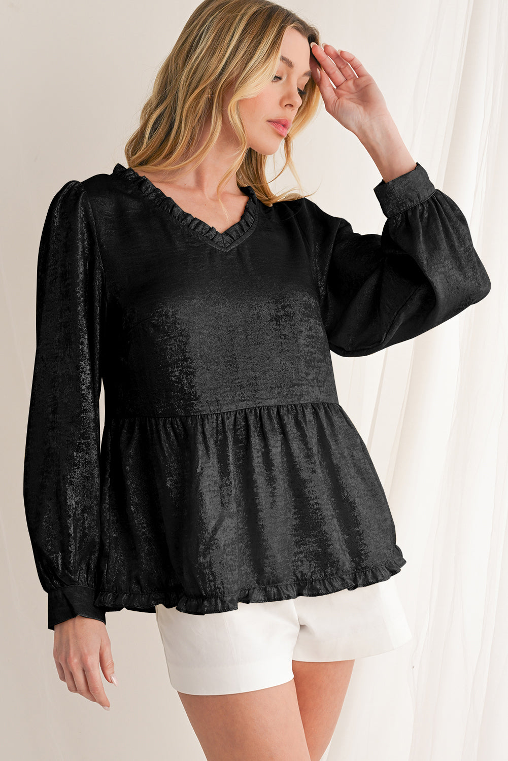 Gold Metallic Frill V Neck Puff Sleeve Babydoll Blouse