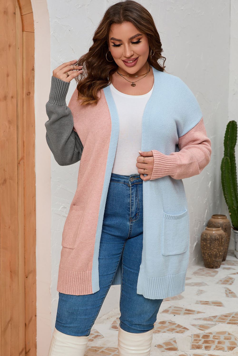 Multicolor Plus Size Colorblock Pocketed Open Front Cardigan