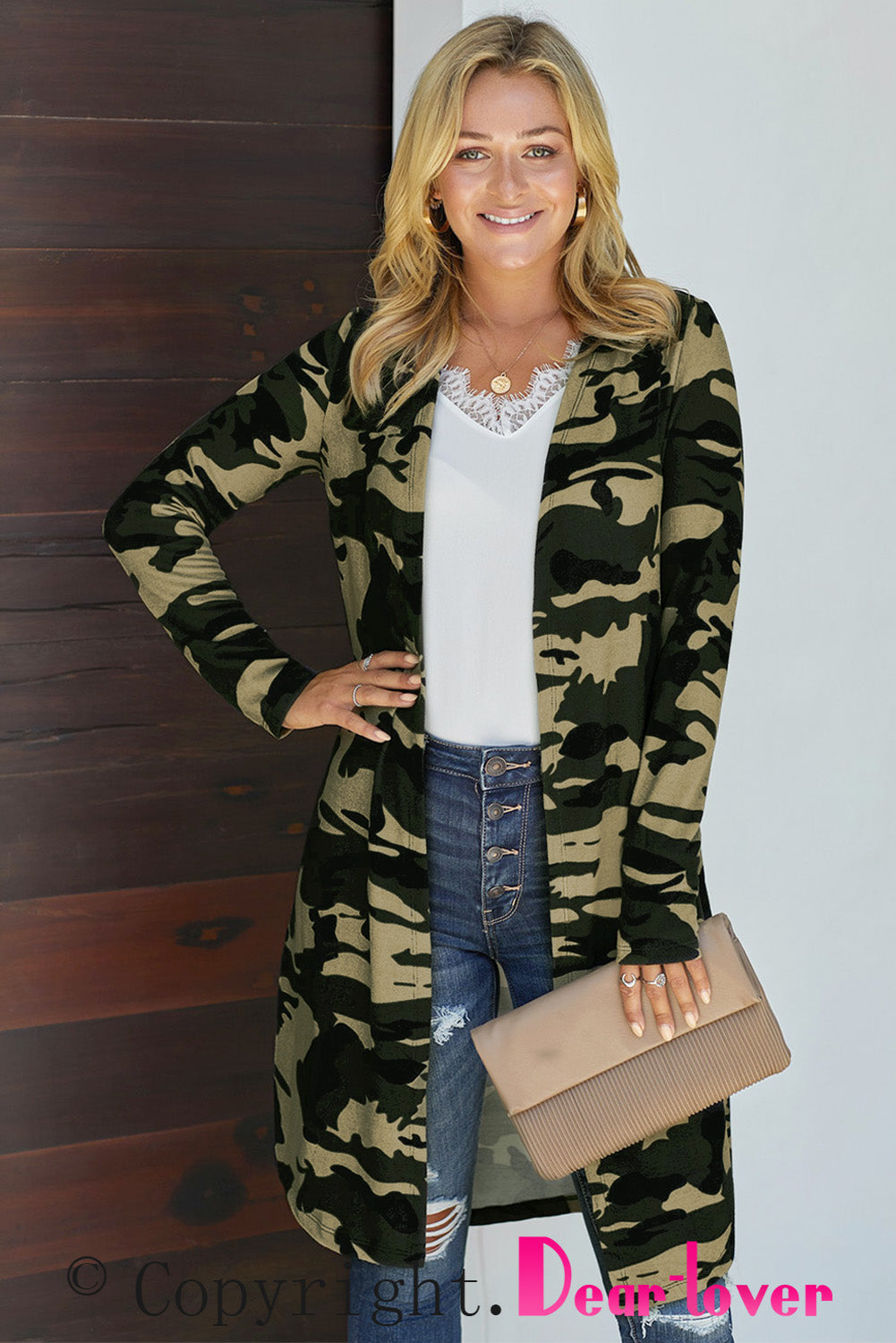 Green Camo Print Long Cardigan