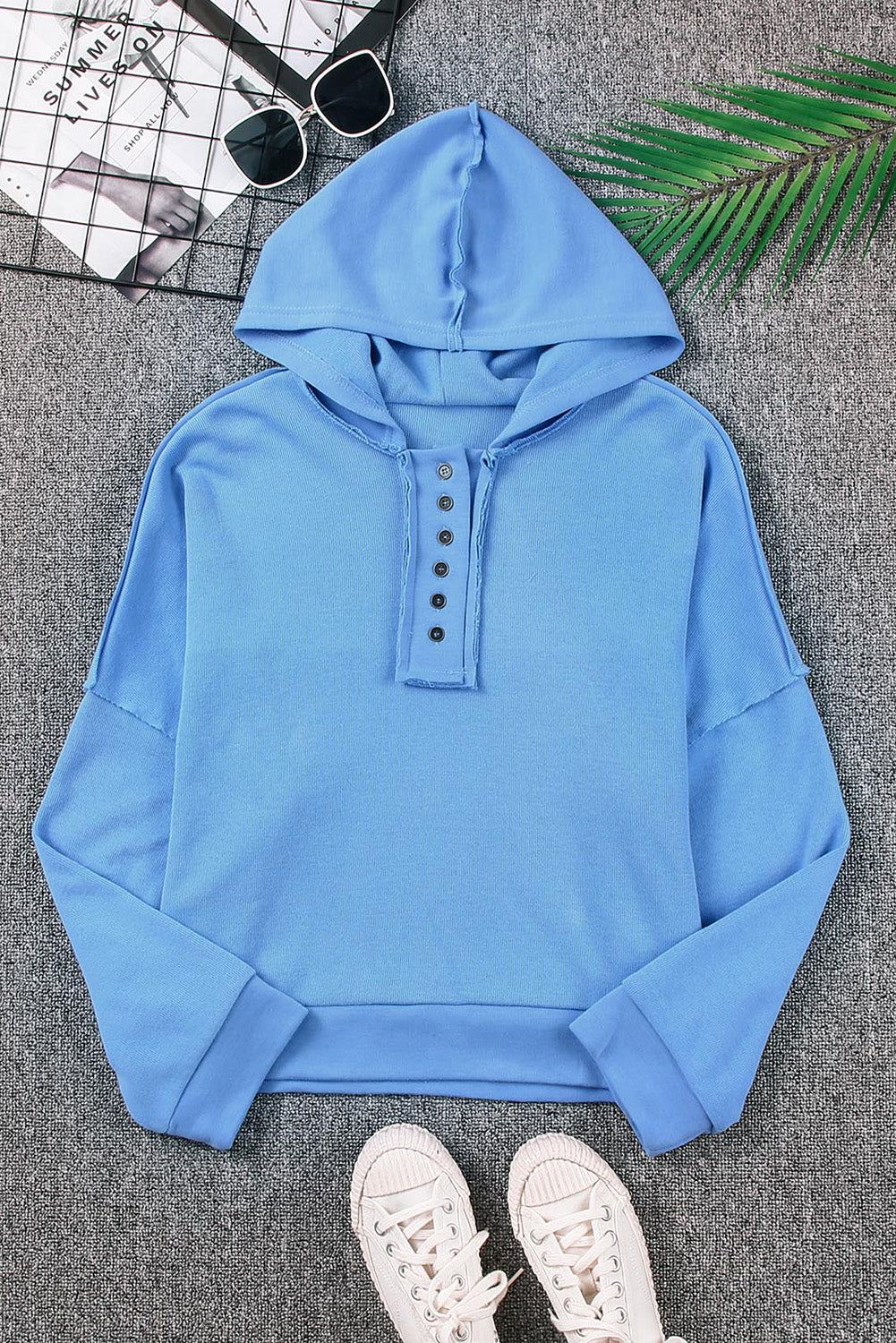 Black Solid Color Button Front Basic Pullover Hoodie
