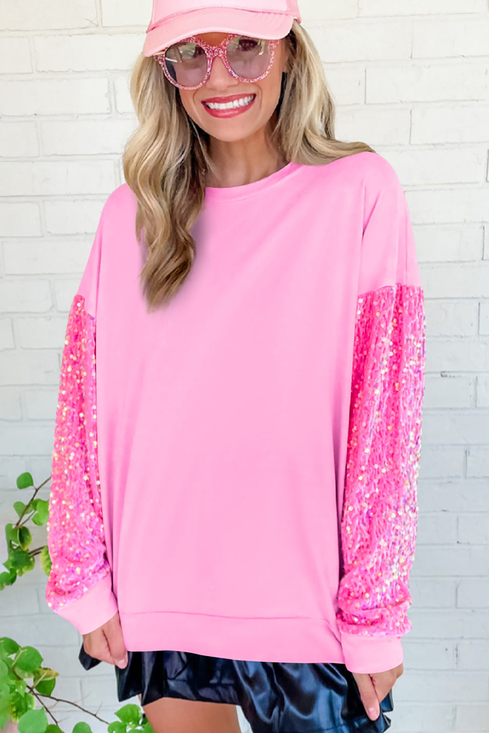 Orchid Petal Sequin Patchwork Long Sleeve Pullover Top