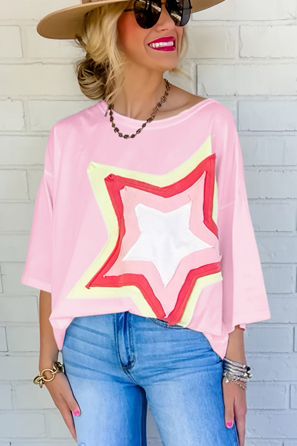 Camiseta extragrande de manga corta con parches de estrellas y bloques de color Bonbon