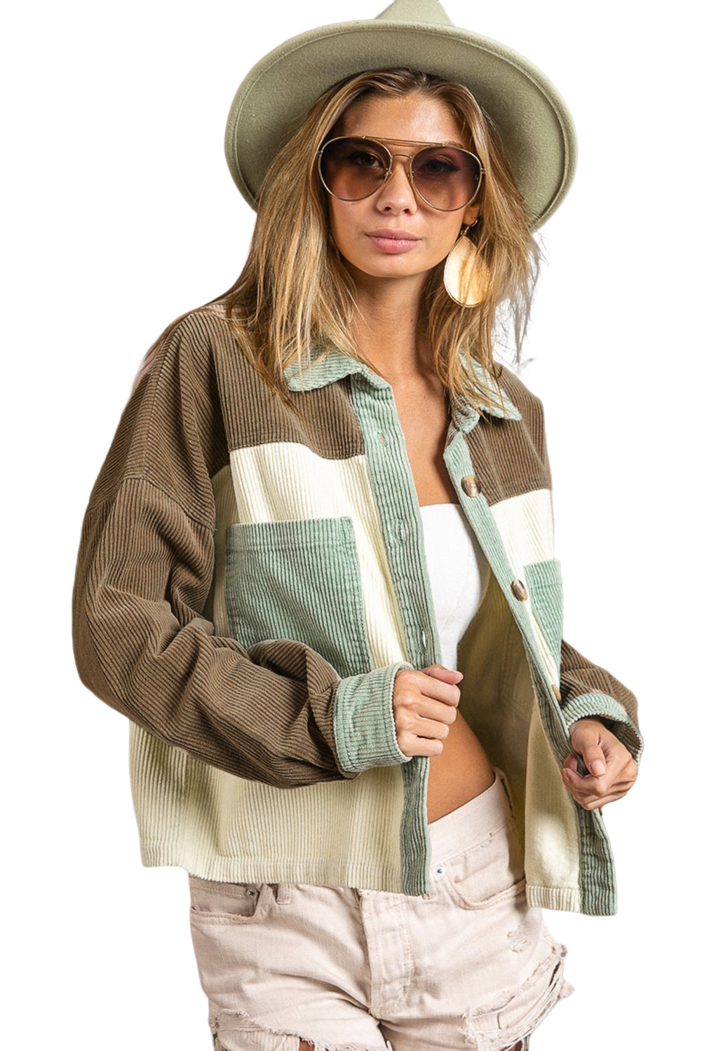 Apricot Powder Patchwork Button Up Cropped Corduroy Jacket