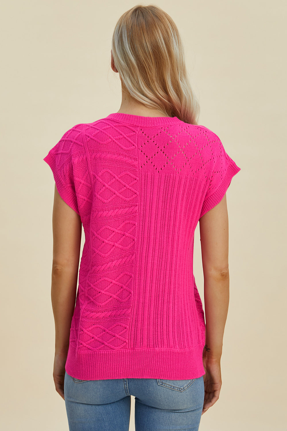 Double Take Full Size Cable-Knit Round Neck Cap Sleeve Sweater | S - XL | 2XL - 3XL | 5 COLORS