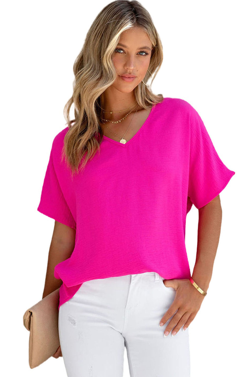 Blusa básica de color liso con escote en V y manga corta en rosa