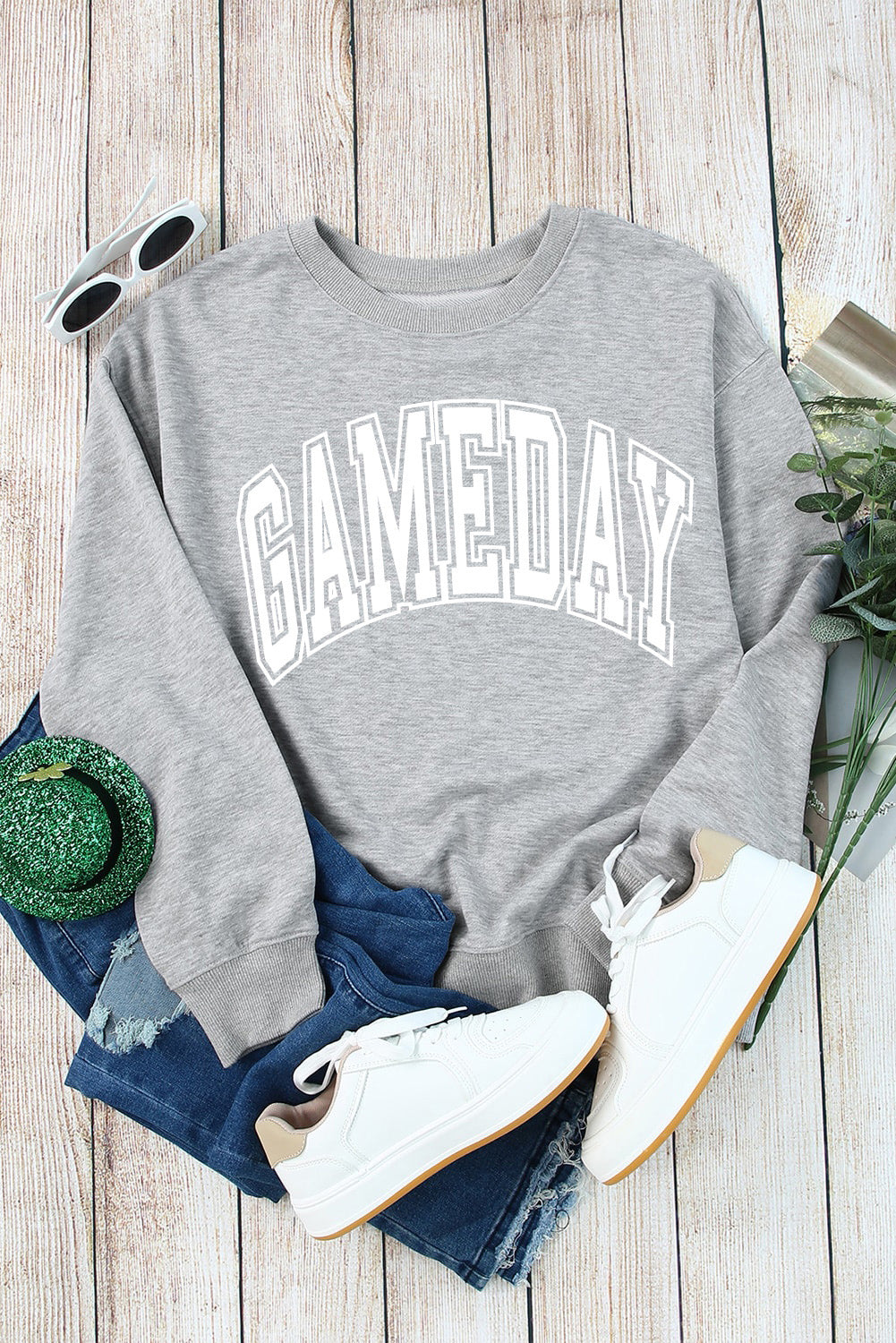 Gray Round Neck GAMEDAY Letter Sweatshirt