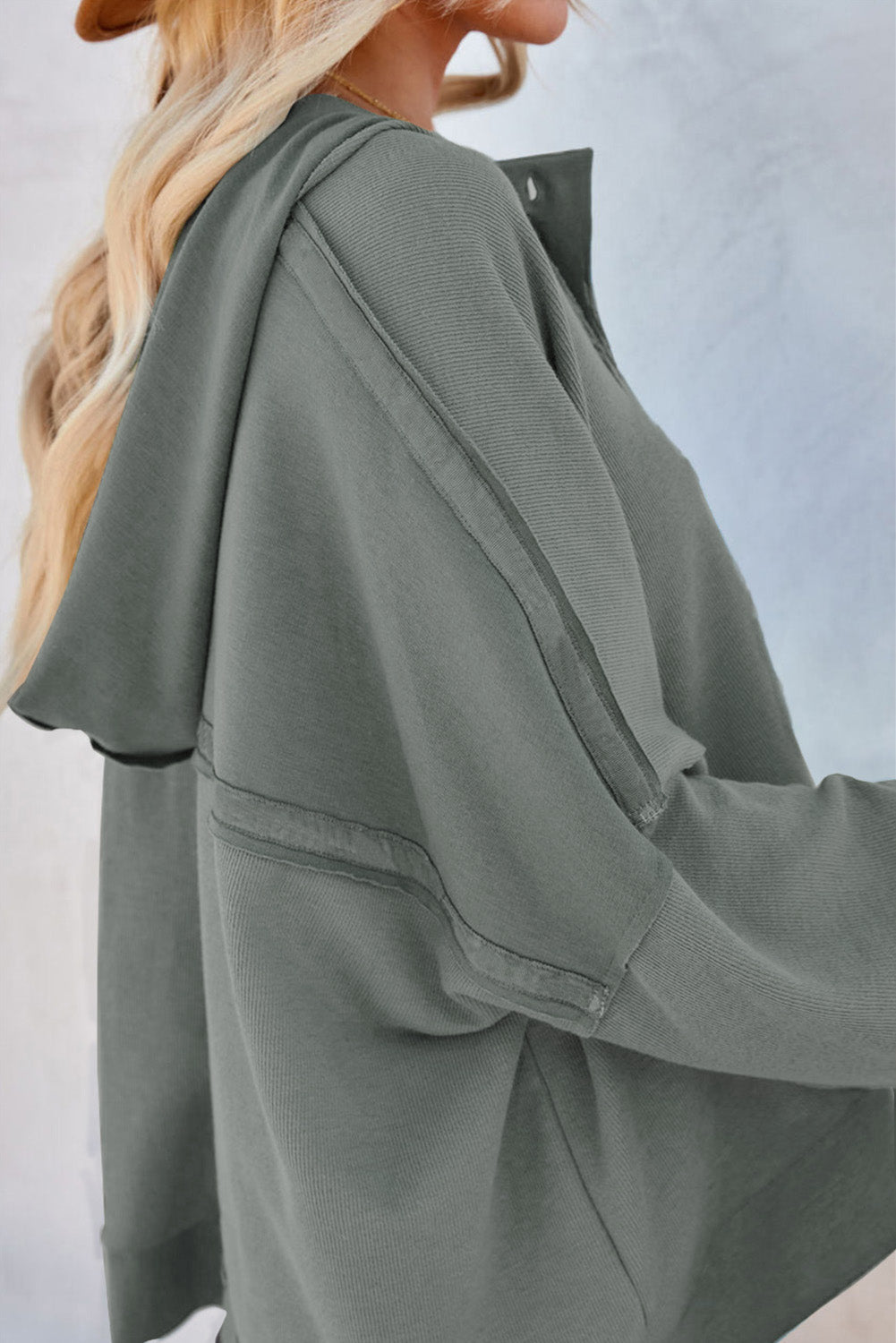 Black Solid Color Button Front Basic Pullover Hoodie