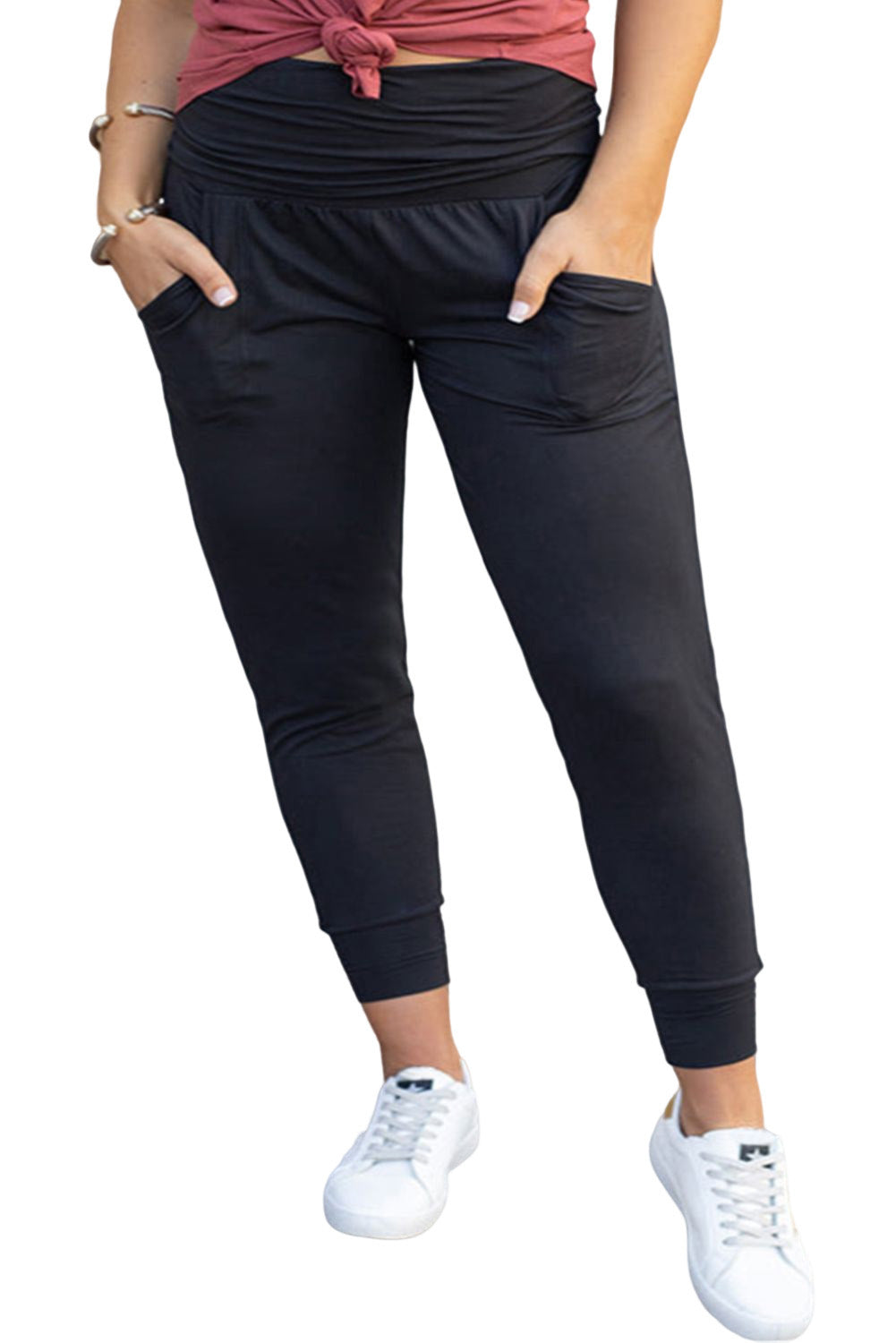 Pantalones pitillo negros de talle alto con bolsillos y talla grande