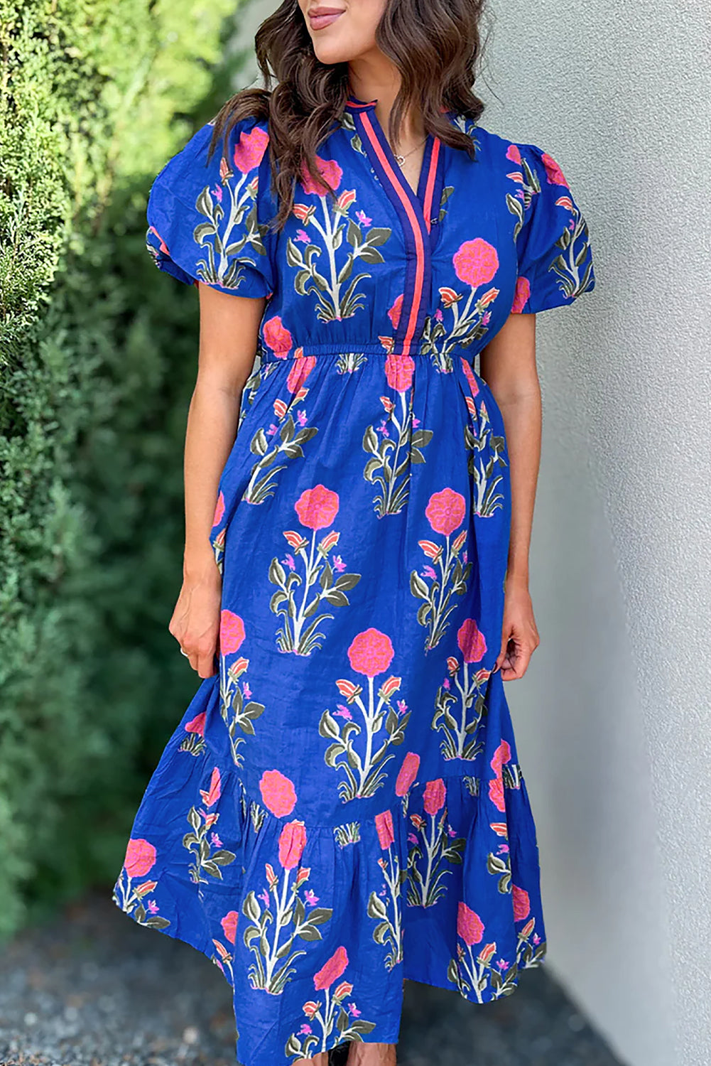 Sky Blue Floral Ruffle Hem Midi Dress