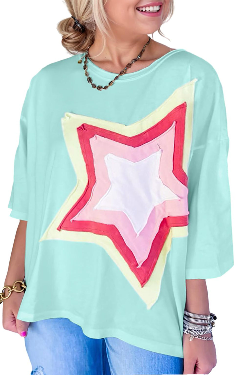 Top de talla grande con parche de estrella y bloques de color Jade Moonlight