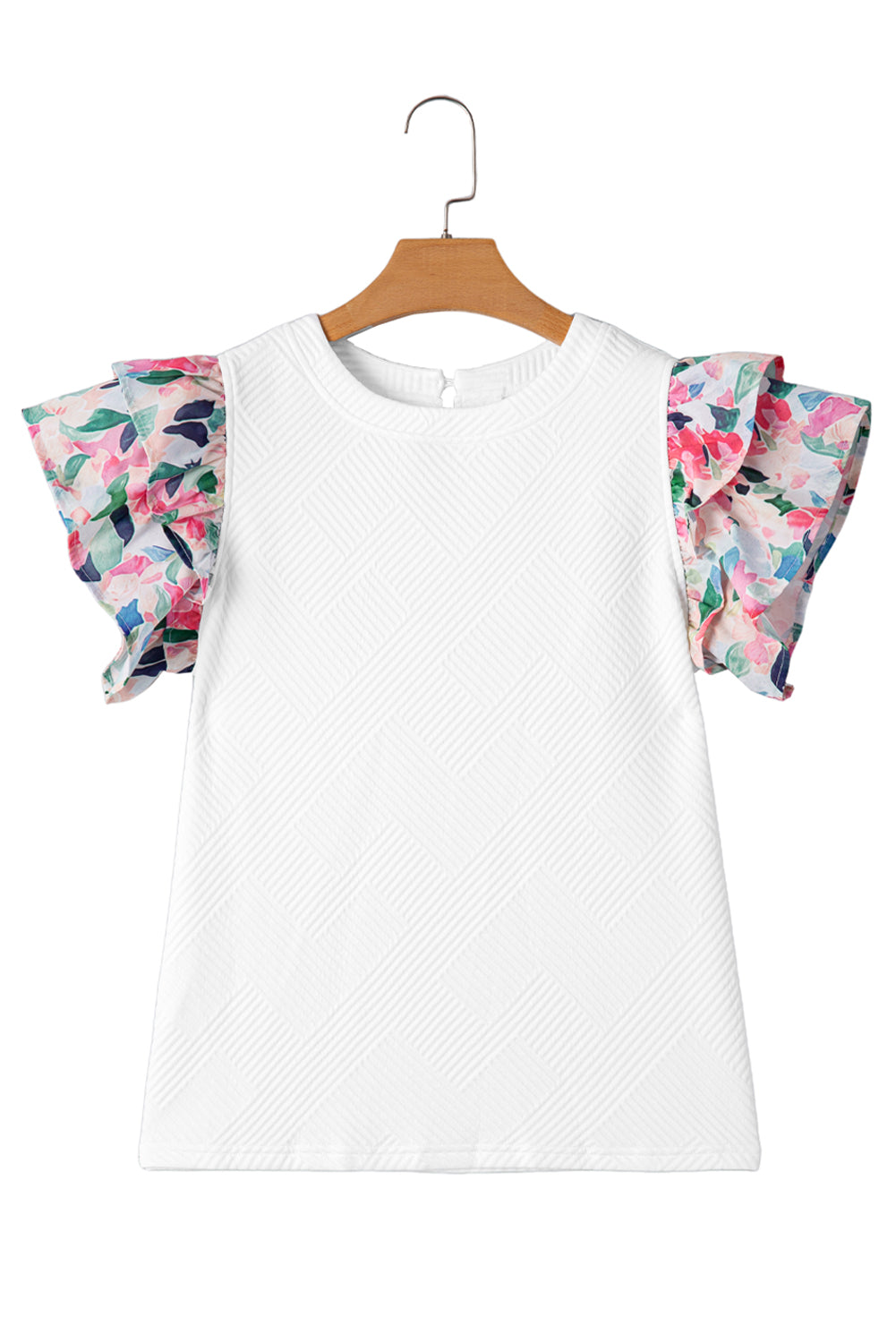 White Abstract Print Tiered Ruffled Sleeve Textured Knit Top