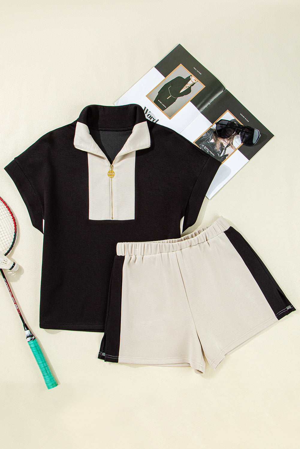 Black Colorblock Zipper Collar T Shirt and Shorts Set