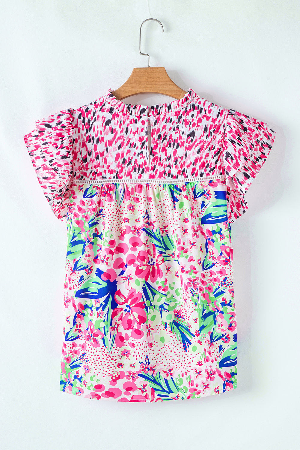 Red Floral Mixed Print Ruffle Cap Sleeve Blouse
