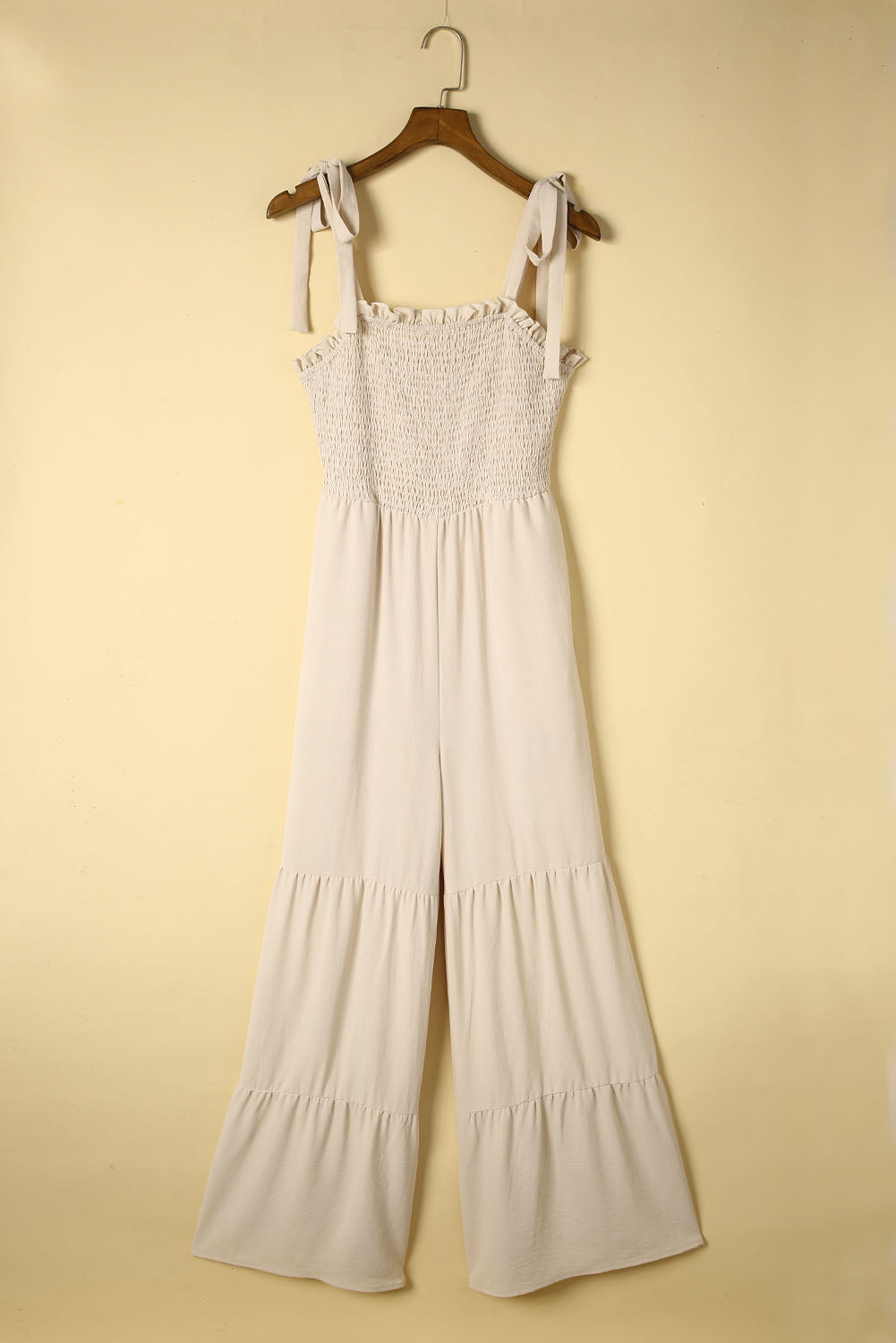 Dark Blue Tie Straps Shirred Casual Tiered Wide Leg Jumpsuit