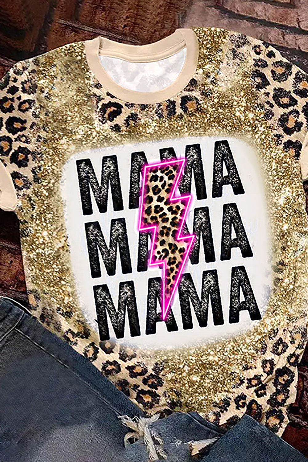 Leopard Dyed MAMA Lightning Graphic T Shirt