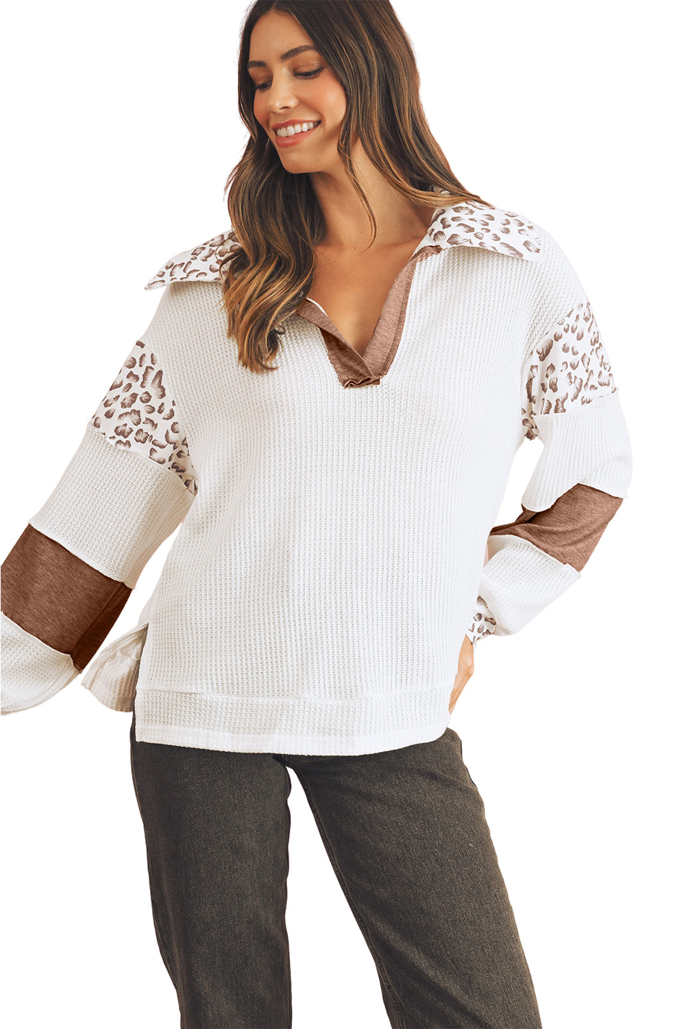 White Leopard Patchwork Turn-down Collar Waffle Top