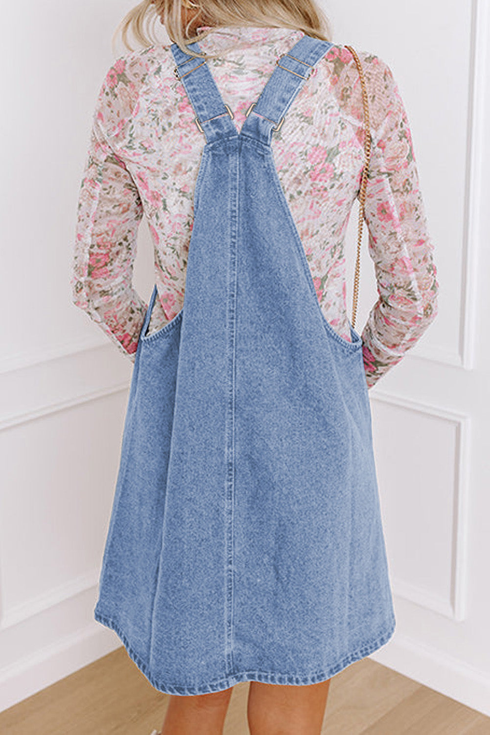 Medium Grey Wide Strap Button Front Pocketed Denim Short Dress